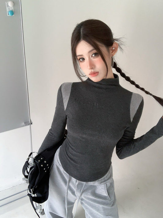 NA+ 休閒系字母印花直角肩高領上衣 灰/咖/黑