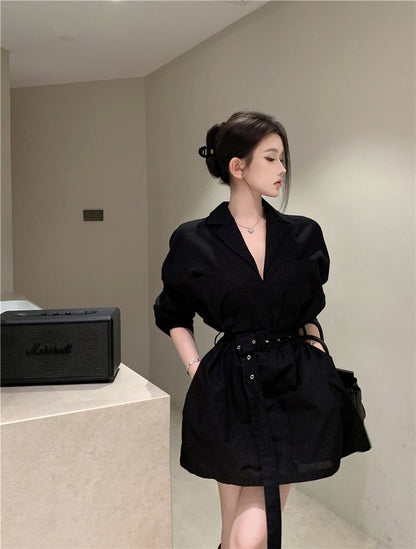 NA+ 韓女極簡主義西式襯衫收腰裙 黑