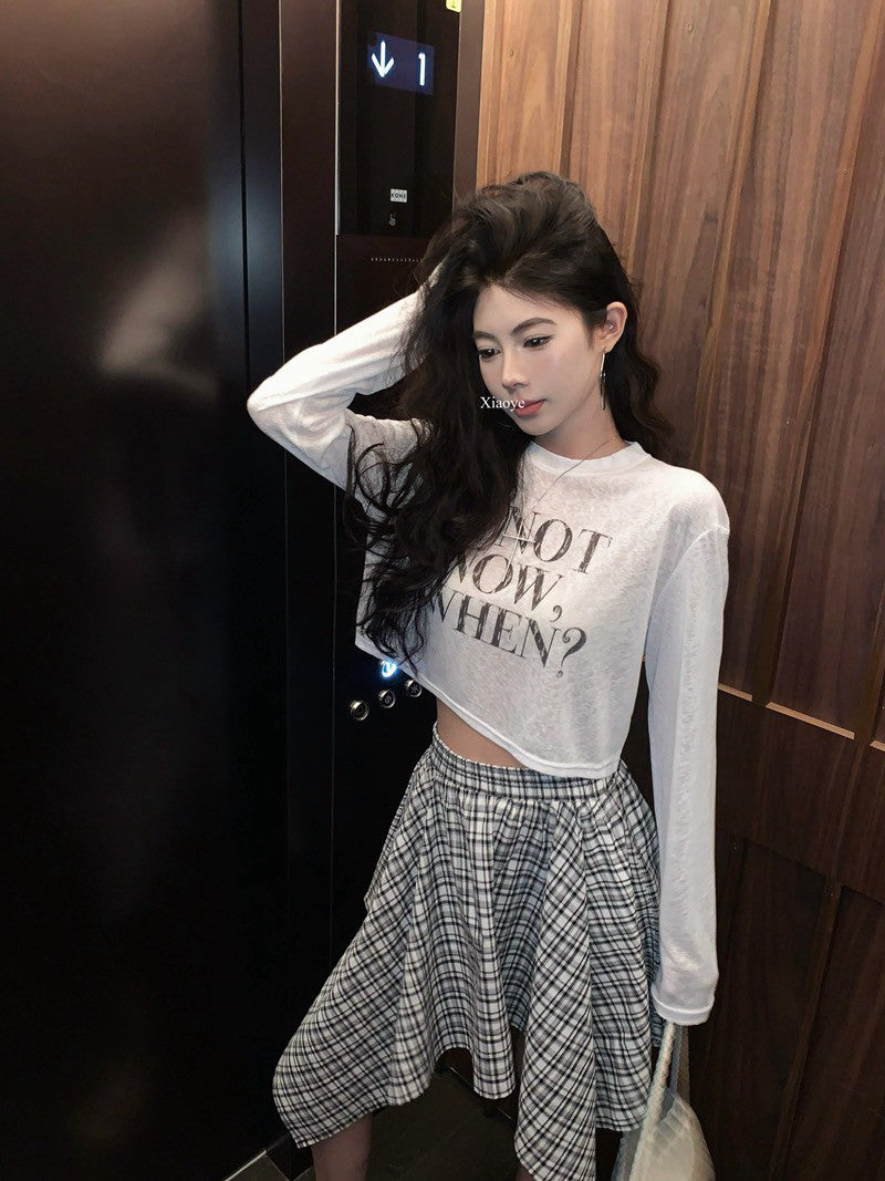 NA+ 百搭休閒空調雪花棉上衣 白/黑 不規則格紋半身裙 黑