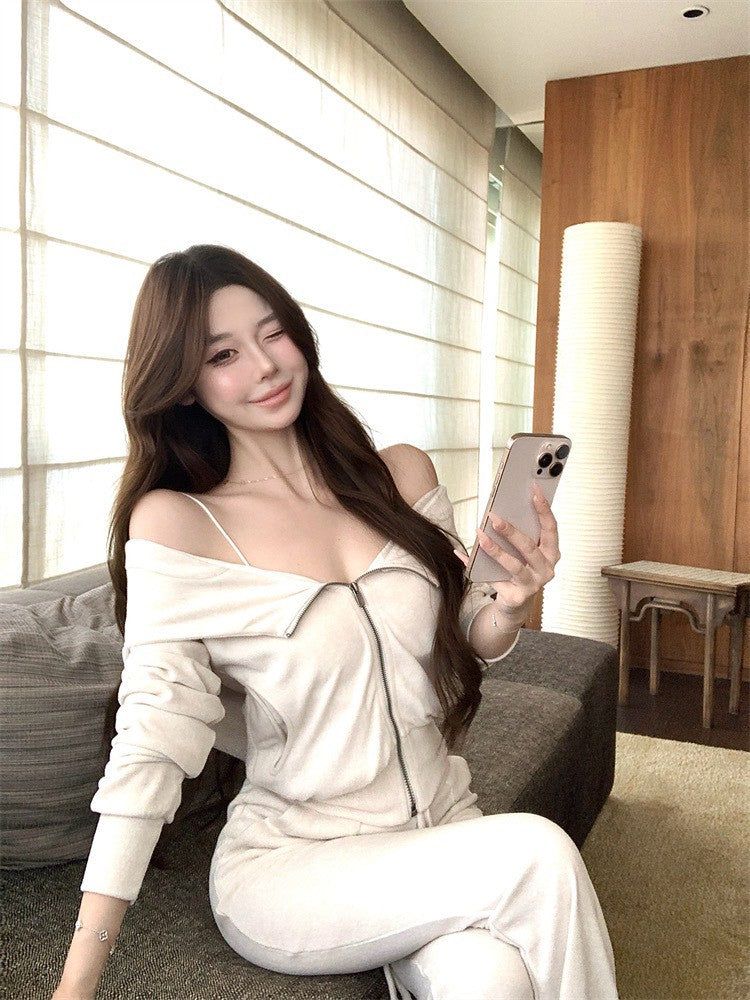 NA+ 休閒穿 毛巾料連帽修身外套/抽繩喇叭褲 米白/深灰