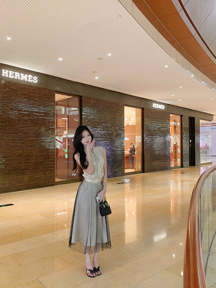 NA+ 黑閃耀人魚紗雙層半身裙 金色扭結上衣