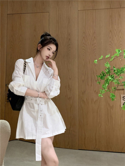 NA+ 韓女極簡主義西式襯衫收腰裙 白