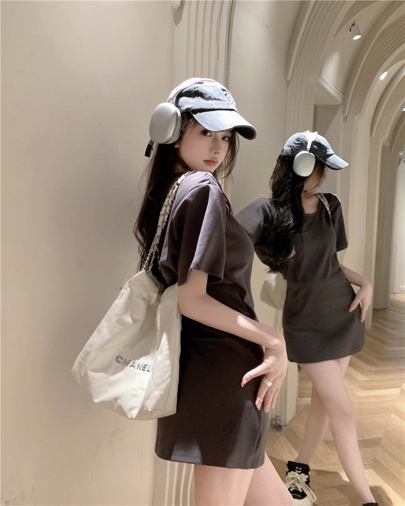 Na+ 鬆弛感收腰口袋T shirt裙 深灰