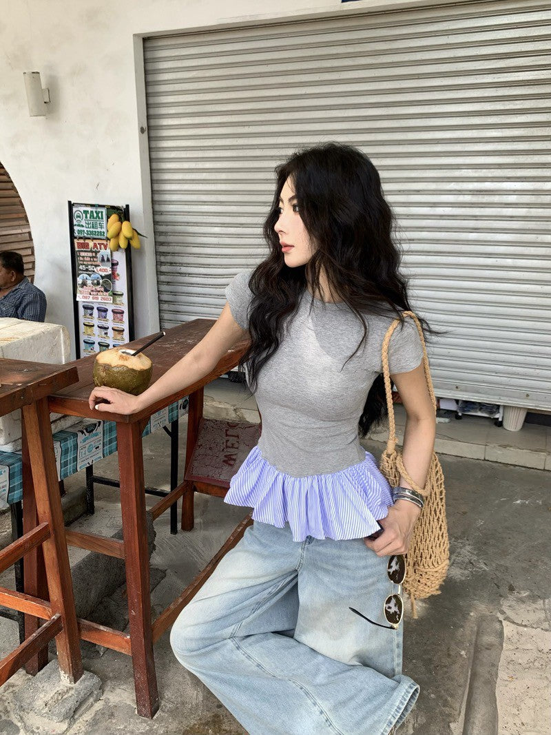 NA+ 俏皮荷葉拼接正肩上衣 灰/藏藍