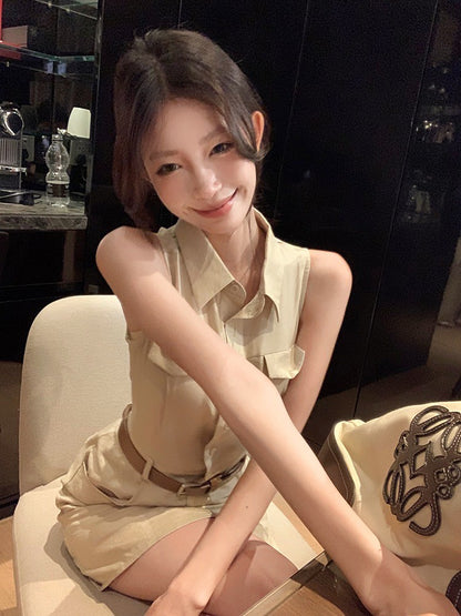 ''Na+''復古回潮 日常通勤polo領排扣連身裙 卡其