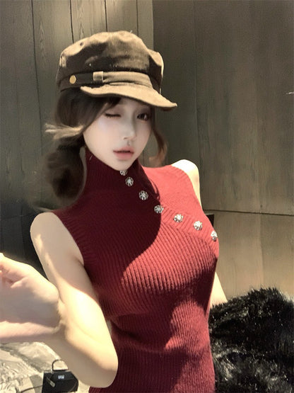 NA+ 香肩美人寶石釦針織高領背心 紅/杏