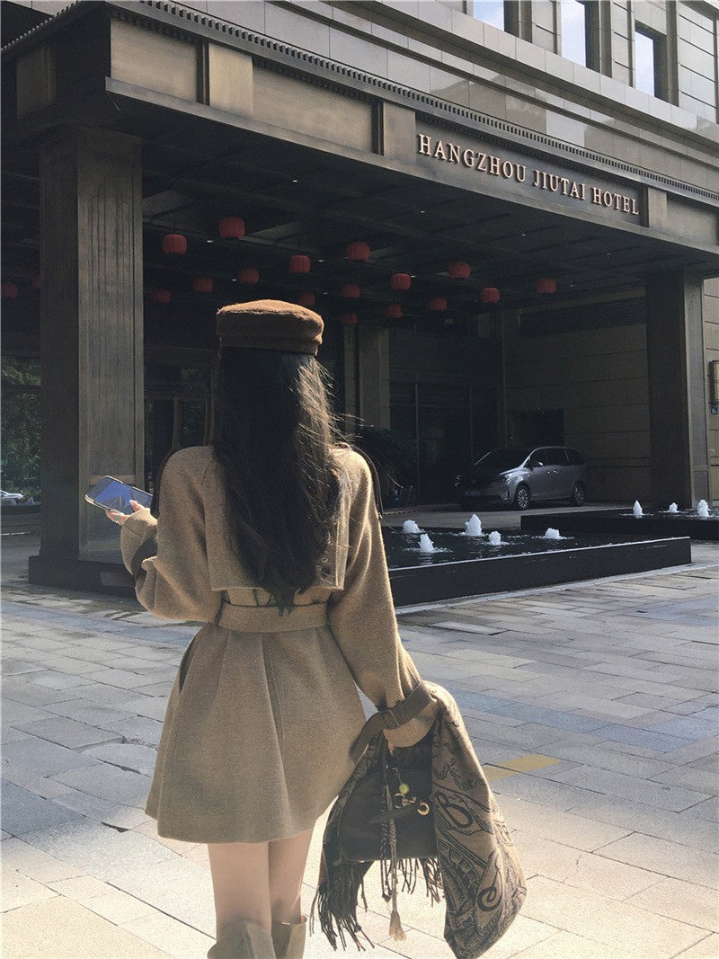 NA+ 舊夢赫卡厚磅毛呢雙排扣外套 卡茶色