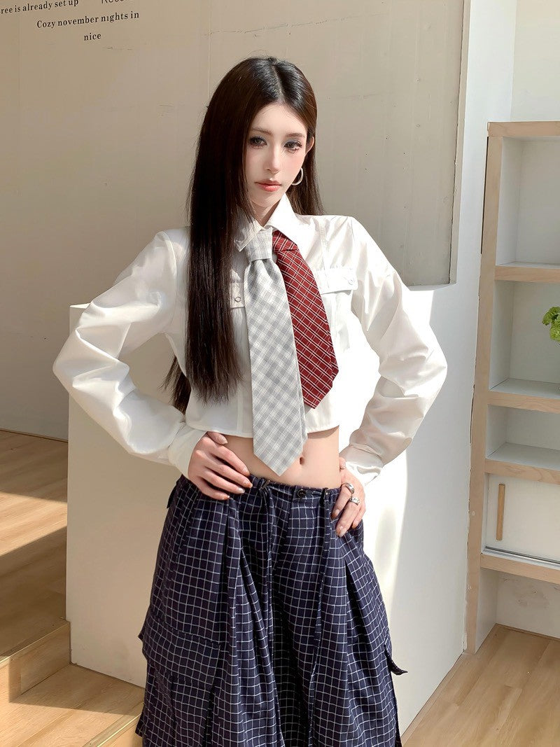 NA+ 美式學院設計感領帶襯衫 百搭格紋休閒褲