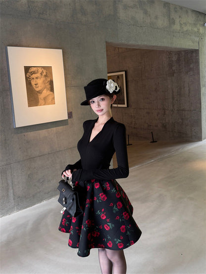 NA+ sweet 甜巧玫瑰復古V領修身上衣 玫瑰花瓣半身裙