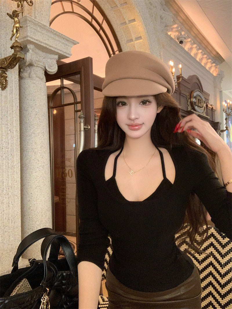 NA+ 性感小心機假兩件式綁帶上衣 咖/黑