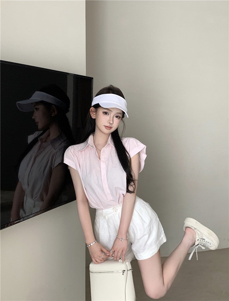 Na+ 簡約鬆弛感小飛袖襯衫 粉 高腰反折白短褲