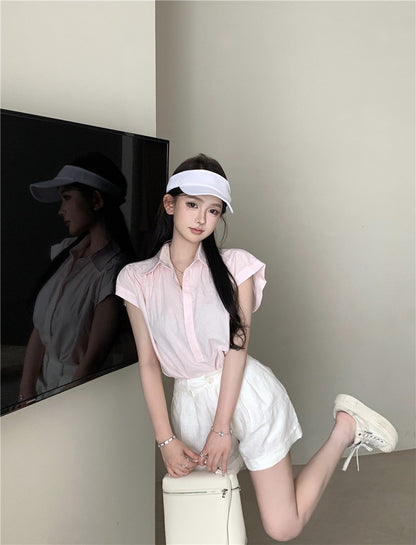 Na+ 簡約鬆弛感小飛袖襯衫 粉 高腰反折白短褲