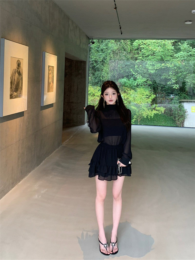 NA+ 超人氣主播透紗2件式上衣 荷葉半身裙 黑