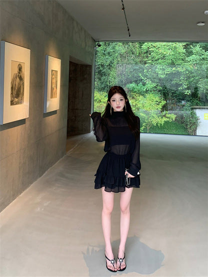 NA+ 超人氣主播透紗2件式上衣 荷葉半身裙 黑