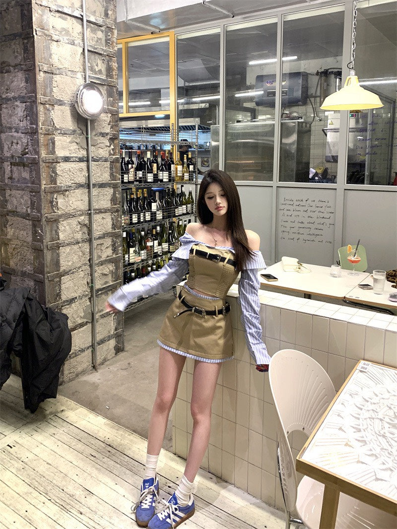 NA+ 拼接碰撞 一字領條紋工裝上衣/半身裙