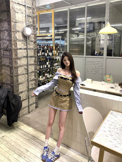 NA+ 拼接碰撞 一字領條紋工裝上衣/半身裙