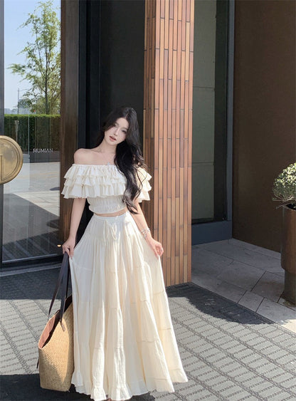 NA+ 清邁渡假 中古娃娃宮廷一字領上衣/大裙擺半身裙