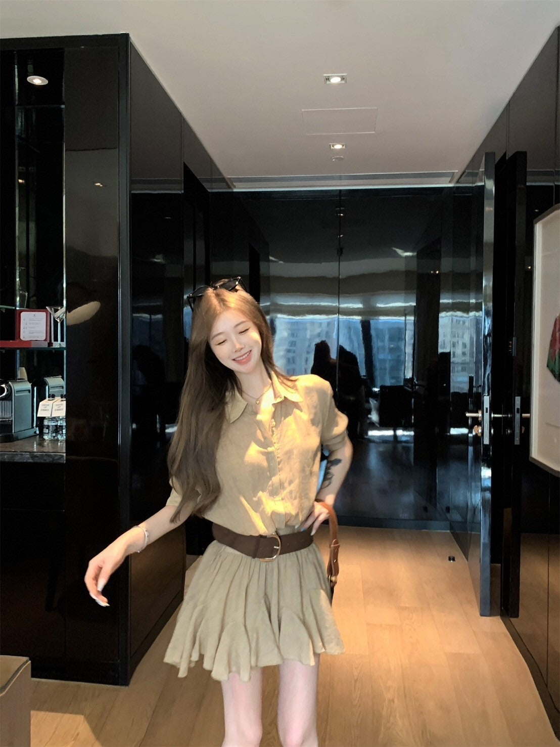 NA+ ROW率性通勤工裝襯衫裙 卡其