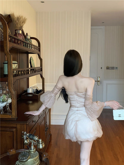 Na+ 刺茶玫瑰性感網紗手工花抹胸裙