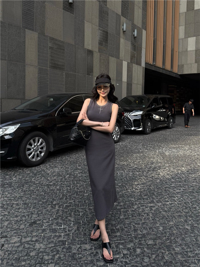 NA+ 舒適通勤歐美收腰美背連身裙 灰