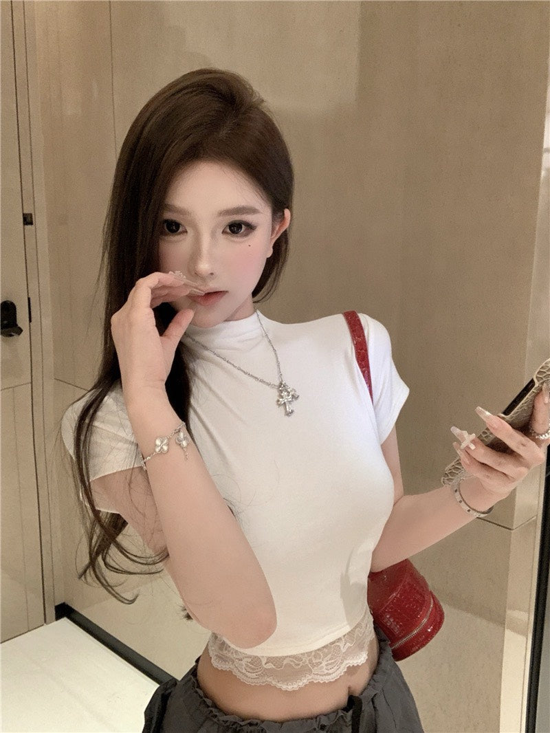 Na+ 嬌欲私藏甜美蕾絲衣擺上衣 白