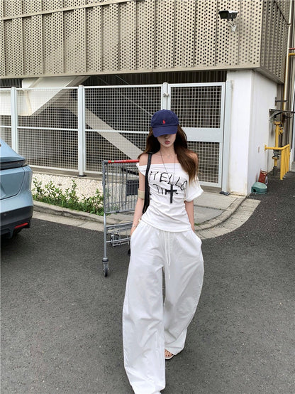 NA+ 墜愛白色系 簡約字母修身上衣/休閒褲