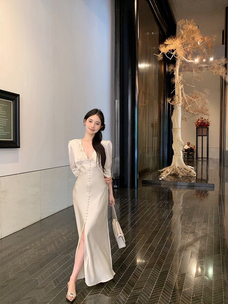 ''Na+''歲月靜好 氣質緞面公主蕾絲花拼接法式連身裙