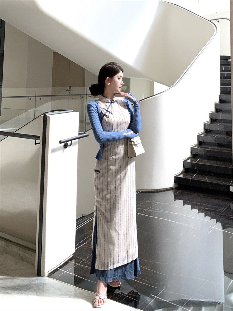 NA+ 海鹽中式盤扣條紋印花旗袍裙 針織外開衫藍色