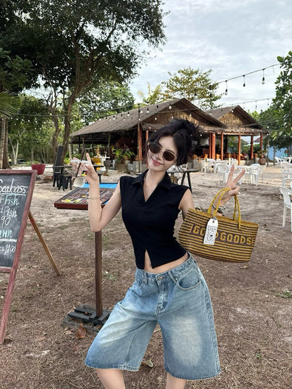 Na+ 時髦不插電 老錢polo領雙拉鏈背心 黑