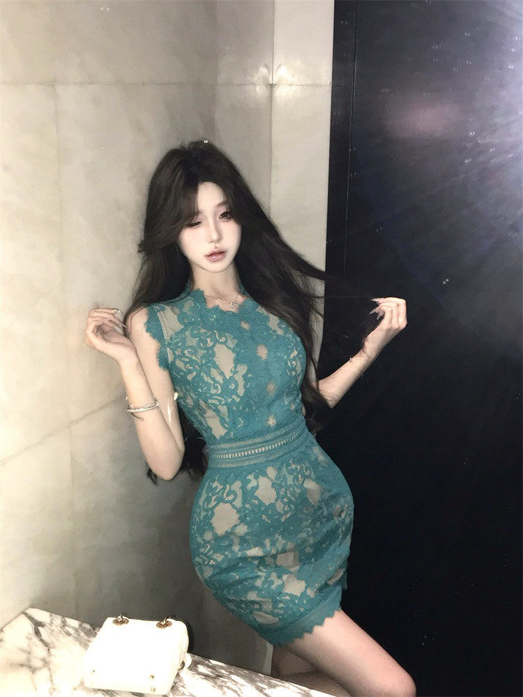 NA+ 竹影漣漪孔雀藍蕾絲包臀連身裙