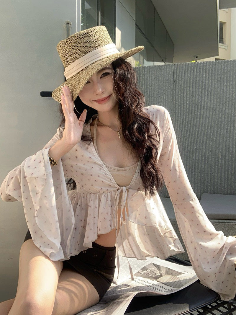 NA+ 花紗雪紡渡假休閒高腰綁帶罩衫