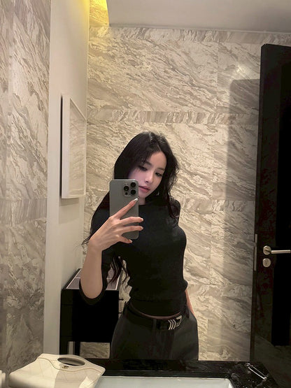 ''Na+''低調氛圍 5分袖修身針織上衣 灰/黑 中腰休閒褲