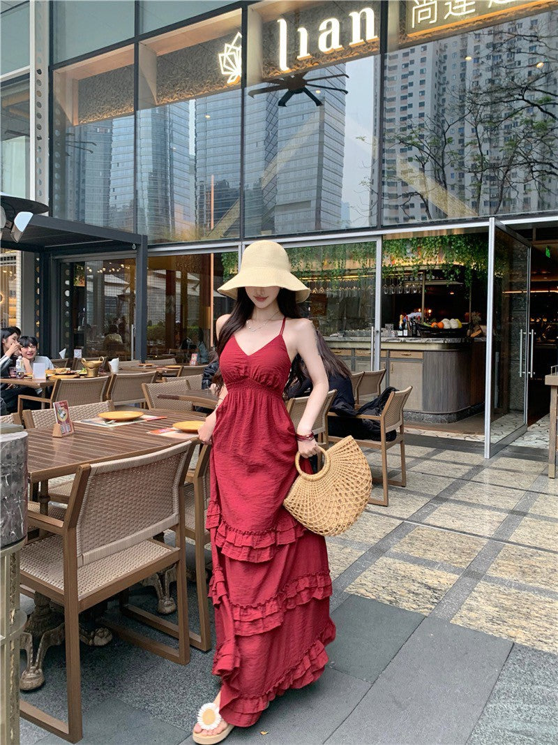 Na+復古度假V領收腰垂墜顯瘦洋裝 酒紅