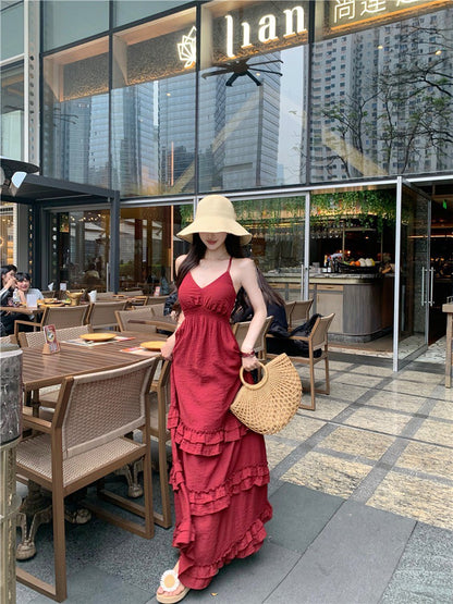 Na+復古度假V領收腰垂墜顯瘦洋裝 酒紅