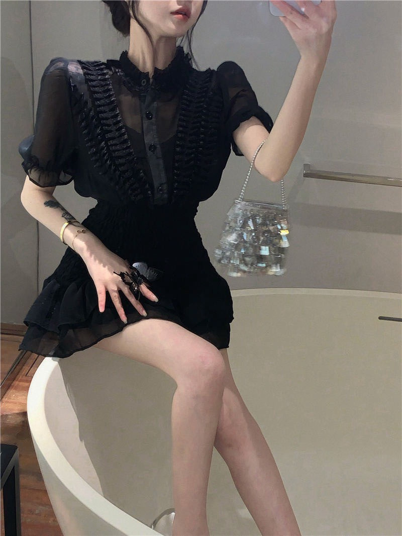 NA+ 清透冷茶熱銷再版娃娃領收腰連身裙 黑