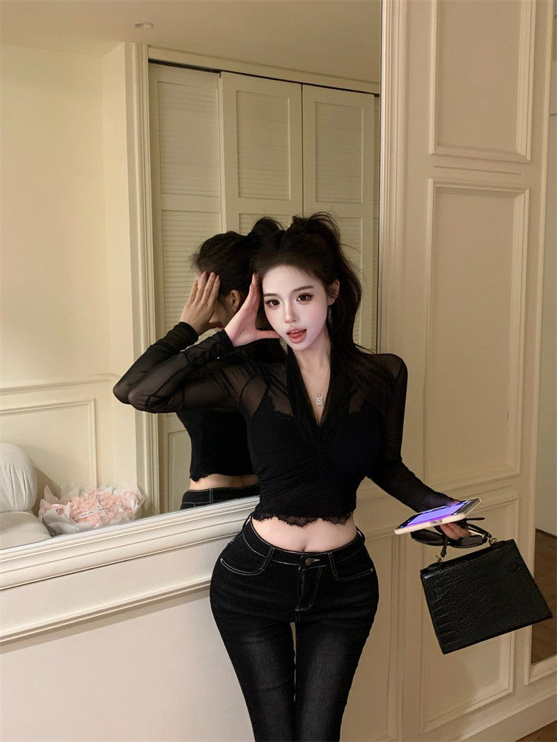 NA+ 純慾辣妹微透感疊穿上衣套裝 黑