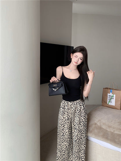 Na+ 居家休閒復古豹紋彈力喇叭褲