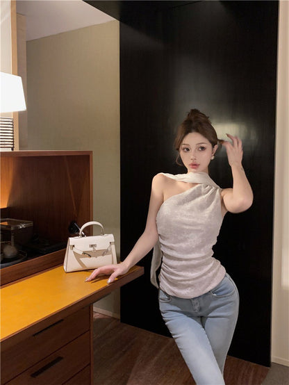 NA+ 偷心契約蕾絲飄帶上衣 杏白/黑