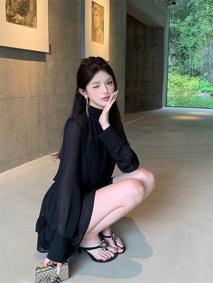 NA+ 超人氣主播透紗2件式上衣 荷葉半身裙 黑