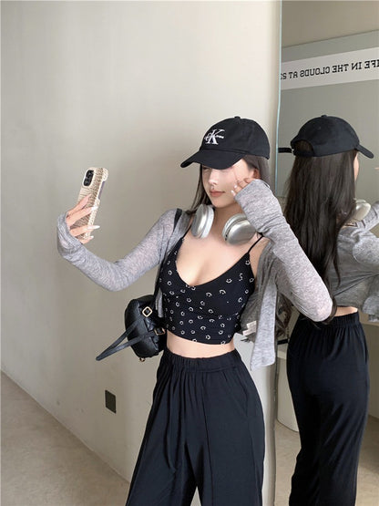 Na+ 辣妹夏日笑臉印花吊帶 開衫2件套