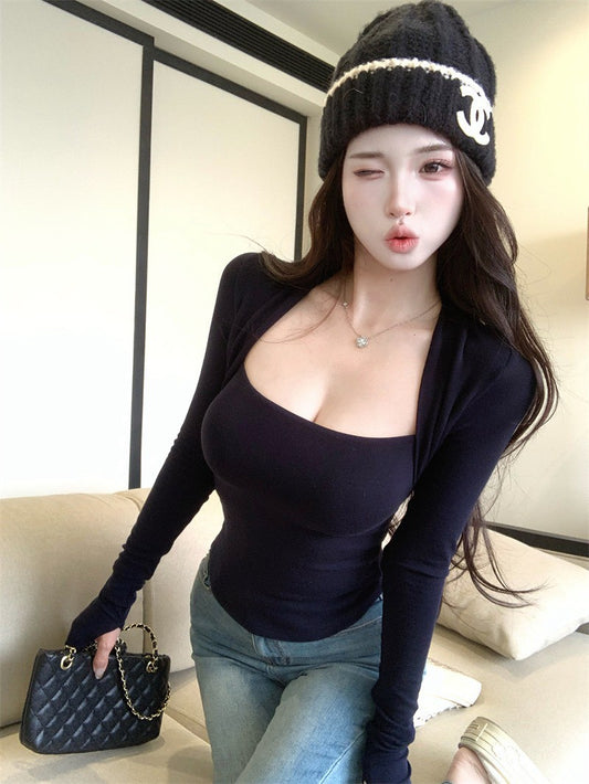 NA+ 「瘦瘦衣」方領坎肩兩穿磨毛上衣 藍/紅/白