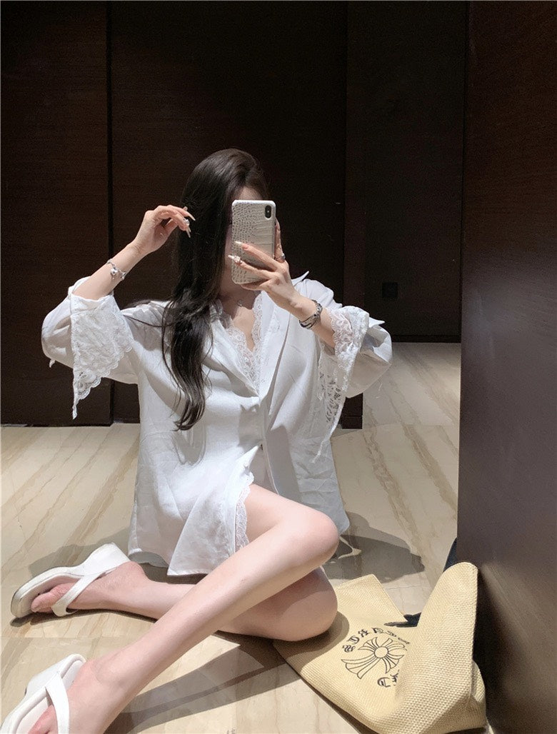 NA+ 純色蕾絲百搭夾兩件拼接襯衫