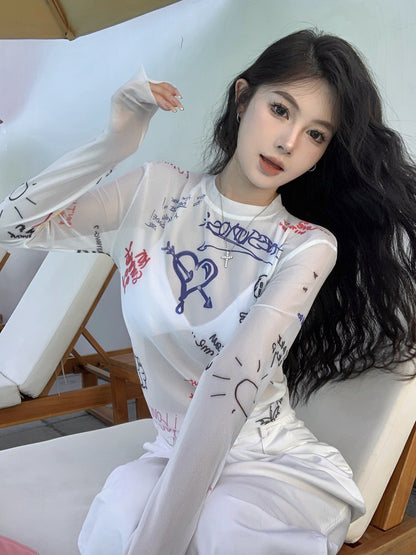 NA+ 炸街QQ手繪塗鴉防曬透視上衣