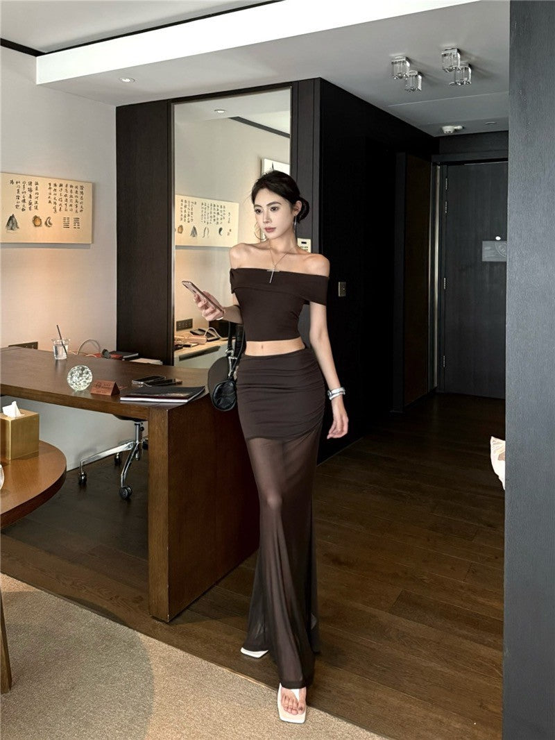 NA+ 主角光環一字領顯瘦上衣 網紗拼接裙 咖