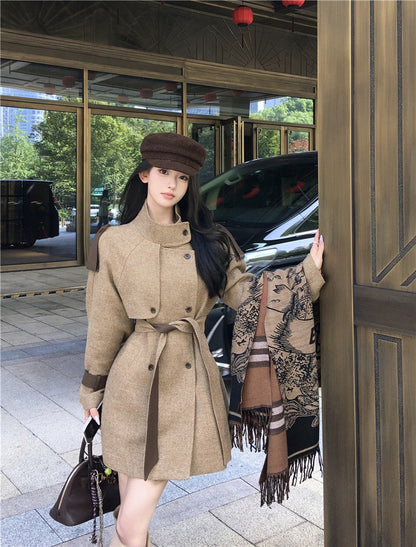 NA+ 舊夢赫卡厚磅毛呢雙排扣外套 卡茶色