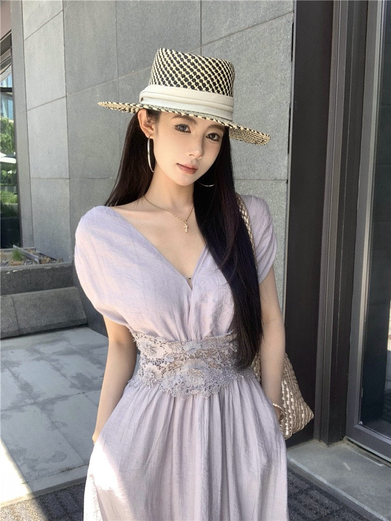 NA+ 定染法式紫水晶收腰V領連身洋裝