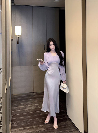 NA+ 古典系美人復古緞面印花拼接連身裙 紫