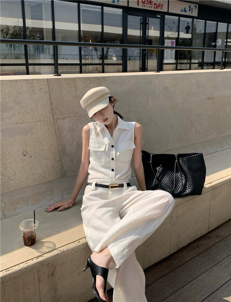 NA+ 老錢vibe 高量亞麻簡約背心/高腰休閒褲 白