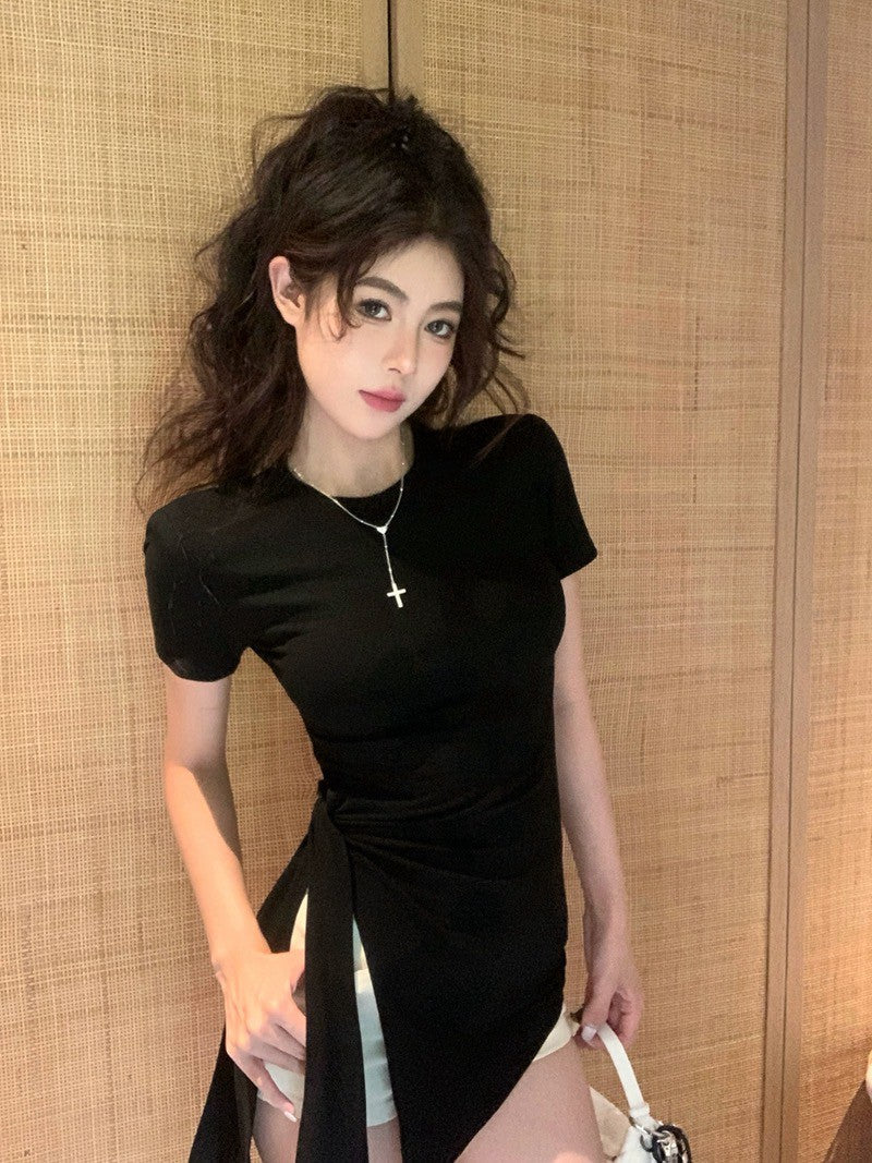 Na+ 簡約圓領側腰開叉顯瘦上衣 灰/黑