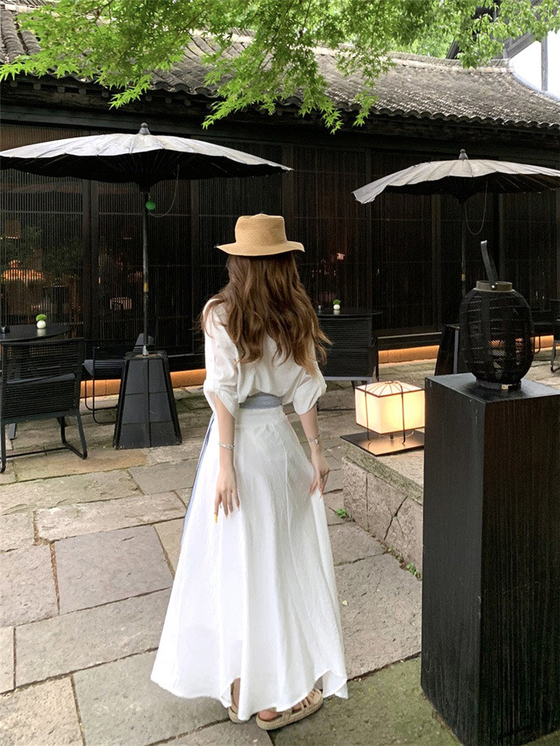 NA+ 老錢度假修身慵懶襯衫/高腰半身裙 白